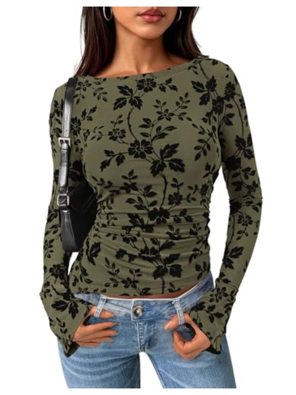 PRETTYGARDEN Women's Floral Mesh Bell Sleeve Blouse Boat Neck Ruched Top